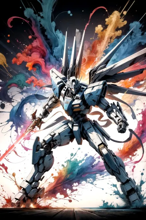 masterpiece, best quality, abstract art, mecha, holding sword, dynamic, paint splatter <lora:ink_mecha-000012:0.6>