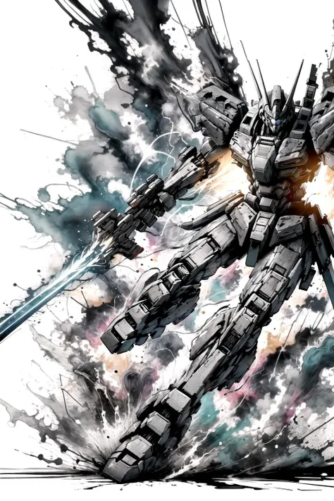 masterpiece, best quality, mecha, abstract art, paint splatter, action scene, energy sword, greyscale, <lora:ink_mecha-000012:0.8>