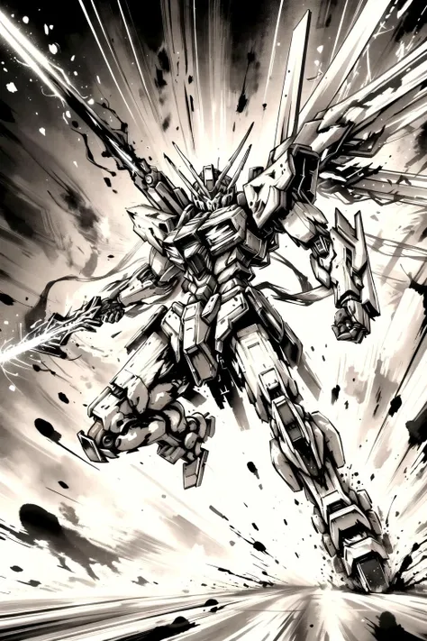 masterpiece, best quality, abstract art, mecha, paint splatter, dynamic pose, monochrome, energy sword,  <lora:ink_mecha-000012:0.6> <lora:Moxin_10:0.5>