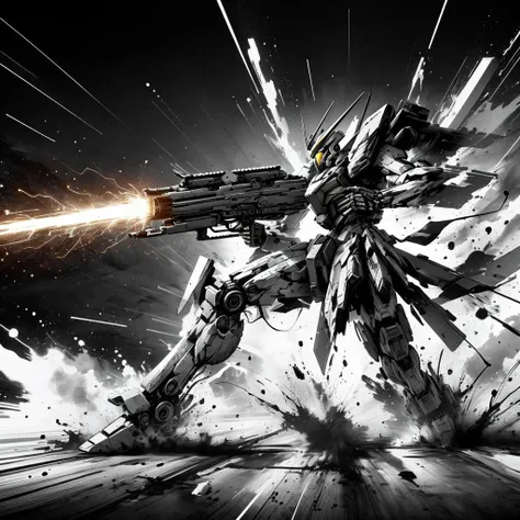 masterpiece, best quality, mecha, weapon, paint splatter, glowing, greyscale, (speed lines:1.2), dynamic, gun, aiming at viewer, <lora:ink_mecha-000012:0.7>