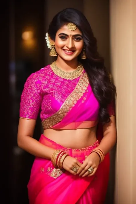 high quality, photo of a 28-year-old woman, Stuning saree, indian jwelary, smileing shy face , hasselblad h6d camera, lens 85 mm , detailed face, sharp focus on face, shivake <lora:shivake:1>