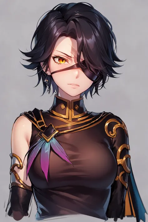 masterpiece, best quality, 1girl, cinderastral, yellow eye, eyepatch, black hair, short hair, hair over one eye, black cape, closeup, upper body, looking at viewer, solo, sketch, simple background <lora:CinderFall:1>