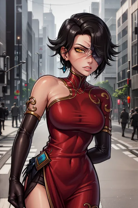 masterpiece, best quality, 1girl, cindermistral, yellow eye, black hair, short hair, hair over one eye, red china dress, elbow gloves, scar, scar on face, hand behind back, looking at viewer, solo, tokyo street <lora:CinderFall:1>