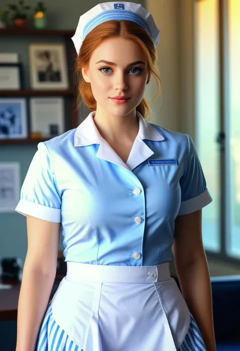 score_9, score_8_up, score_7_up,  1girl (medium full shot) of (supermodel young woman:1.1) nurse british with ginger cone hair bun, bright blue eyes, light skin, curvy,             wearing Striped seersucker uniform in sky blue and white, with a button-up blouse, A-line skirt, nurse cap, white canvas sneakers,  ,royal pose, confident stance,  regretful, in  Staff Lounge, Comfortable room with plush couches, a coffee table piled with magazines, a small kitchenette with a coffee machine and fridge, and a notice board for staff announcements , at sunset, Masterpiece,best quality, photorealistic, amazing quality, very aesthetic, extremely detailed face,