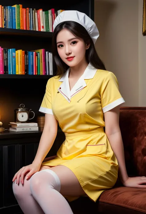 score_9, score_8_up, score_7_up,  1girl (medium full shot) of (attractive young woman:1.1) nurse korean with black hime cut hair, dark brown eyes, pale skin, curvy,             wearing Vibrant yellow scrubs with a mock-wrap top, skirt, stockings, nurse cap, yellow slip-on shoes,  scared, playing with her hair,             in  Cozy lounge area with plush armchairs, soft carpeting, warm fireplace, bookshelves filled with well-loved novels , at night ,Masterpiece,best quality, photorealistic, amazing quality, very aesthetic, extremely detailed face,