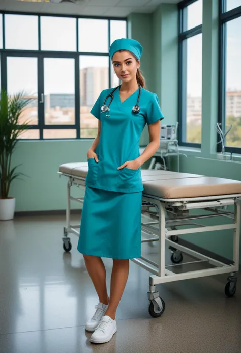 ((fashion photography)), perfect face, perfect eyes, (medium full shot) of (angelic nurse) young woman, spanish, dark brown eyes, tan skin, tan skin, blue eyes, slim, hazel hair, wearing Stylish scrub set with a tailored fit, slip-resistant shoes, surgical cap, 2020s, in Modern school infirmary on the ground floor, large windows overlooking the school grounds, ergonomic examination tables with adjustable heights, sleek medical equipment neatly organized on stainless steel carts, calming color scheme of blues and greens, potted plants , at night, laughing, arms crossed, masterpiece, best quality, photorealistic, very aesthetic