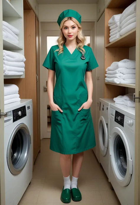 ((fashion photography)), perfect face, perfect eyes, (medium full shot) of (supermodel nurse) young woman, japanese, dark brown eyes, pale skin, light skin, hazel eyes, lithe, blonde hair, wearing Forest green scrubs with a crossover top, skirt, stockings, nurse cap, green clogs, in Linens Closet, Deep in the heart of the hospital, this closet houses stacks of crisp white sheets and fluffy towels, detergent, industrial washing machine , surprised, open mouth, running toward the viewer, masterpiece, best quality, photorealistic, very aesthetic