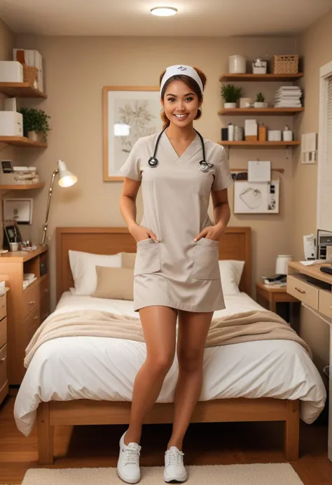 ((fashion photography)), perfect face, perfect eyes, (medium full shot) of (desirable nurse) young woman, philippine, brown eyes, tan skin, tan skin, hazel eyes, tiny, ginger hair, wearing Stylish scrub set with a tailored fit, slip-resistant shoes, customizable fabric headband, 2020s, in Consultation Room, Cozy room with warm lighting, a plush examination bed, medical equipment neatly organized on shelves, desk cluttered with papers, soft rug on the floor , laughing, jumping in the air, masterpiece, best quality, photorealistic, very aesthetic