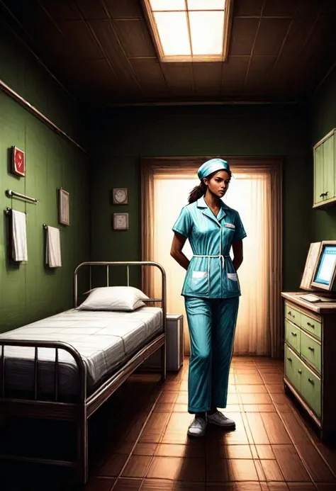 (medium full shot) of (angelic nurse) adult woman, brazilian, tan skin, light green eyes, slender build, hazel hair, wearing Light blue scrubs with a V-neck top, drawstring skirt, nurse cap, white sneakers,  set in  Cozy school infirmary in the basement, dimly lit with warm overhead lamps, plush armchairs for patients, a small bookshelf filled with health-related literature, a sturdy wooden desk for the nurse, a colorful rug on the tiled floor , at sunset, ,Masterpiece,best quality, very aesthetic