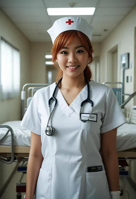 (medium full shot) of (bonnie nurse) young woman, tiny build, medium red hair, philippine, tan skin, brown eyes, wearing a nurse cap, nurse dress, white stockings, orthopedic shoes, badge reel carrying a stethoscope, set in  a bustling hospital ward, with busy staff, patients in beds, medical equipment, white walls, a clean environment , woman smiling, detailed face, ,Masterpiece,best quality, photo, realistic, very aesthetic