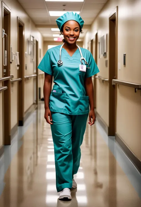 (medium full shot) of (vivacious nurse) young woman, tiny build, short brown hair, african, dark skin, hazel eyes, wearing a nurse cap, long sleeve blouse, straight-leg scrub pants, closed-toe nursing sandals, carrying a ID badge, set in  an operating room corridor, with medical staff moving between surgeries, clean floors, efficient movement , at sunset, woman smiling, detailed face, ,Masterpiece,best quality, raw photo, realistic, very aesthetic