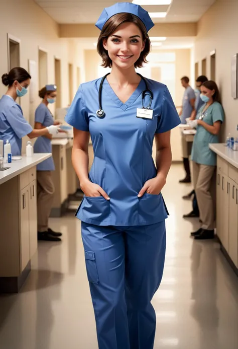 (medium full shot) of (sexy nurse) young woman, Medium build, short brown hair, spanish, tan skin, dark Blue eyes, wearing a nurse cap, short sleeve blouse, straight-leg scrub pants, orthopedic shoes, carrying a ID badge, set in a vaccination clinic, with organized stations, nurses administering shots, patients waiting in line, a clean environment , at sunset, woman smiling, detailed face, ,Masterpiece,best quality, photo, realistic, very aesthetic