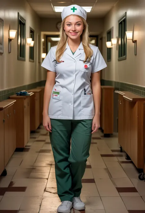 (medium full shot) of (angelic nurse) young woman, lithe build, long blonde hair, german, light skin, olive green eyes, wearing a nurse cap, polo shirt with nursing emblem, straight-leg scrub pants, white sneakers, carrying a ID badge, set in  Cozy school infirmary in the basement, dimly lit with warm overhead lamps, plush armchairs for patients, a small bookshelf filled with health-related literature, a sturdy wooden desk for the nurse, a colorful rug on the tiled floor , at sunset, woman smiling, detailed face, ,Masterpiece,best quality, raw photo, realistic, very aesthetic