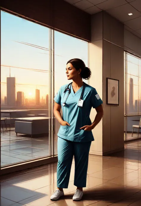 (medium full shot) of (angelic nurse) adult woman, mexican, caramel skin, light green eyes, full-figured build, brown hair, wearing Light blue scrubs with a V-neck top, drawstring skirt, nurse cap, white sneakers, identification badge, set in  Surgical Wing Waiting Area, modern seating, coffee tables, magazines, soft lighting, soothing artwork , at sunset, ,Masterpiece,best quality, very aesthetic