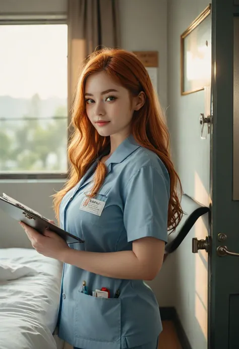 (medium full shot) of (supermodel nurse) young woman, full-figured build, extra long red hair, thai, pale skin, light brown eyes, wearing a nurse cap, button-up shirt with nursing emblem, straight-leg scrub pants, comfortable loafers, carrying a clipboard latex gloves, set in  Psychiatric Ward bedroom, Minimalist decor, sturdy furniture, unbreakable fixtures, locked cabinets, calming colors, observation windows , at sunset, woman smiling, detailed face, ,Masterpiece,best quality, photo, realistic, very aesthetic