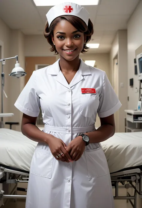 (medium full shot) of (lovely nurse) young woman, normal build, short hazel hair, black american, dark skin, hazel eyes, wearing a nurse cap, nurse dress, white stockings, nursing clogs, badge reel medical watch, set in Intensive Care Unit (ICU) bedroom, Dimly lit, sterile white walls, medical equipment beeping softly, adjustable beds, monitors, IV stands , woman smiling, detailed face, ,Masterpiece,best quality, photo, realistic, very aesthetic