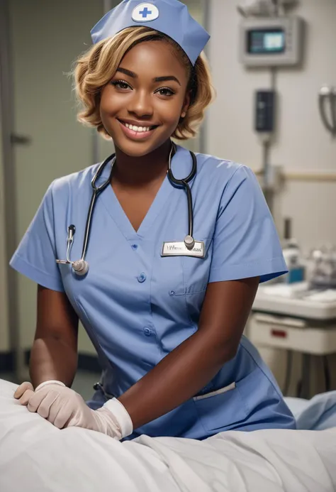 (medium full shot) of (gorgeous nurse) young woman, petite build, short blonde hair, african, dark skin, light brown eyes, wearing a nurse cap, button-up shirt with nursing emblem, pleated skirt, white stockings, comfortable loafers, medical watch latex gloves, set in  a post-op recovery room, with patients waking up, monitoring devices, attentive nurses, a quiet atmosphere , at night, woman smiling, detailed face, ,Masterpiece,best quality, raw photo, realistic, very aesthetic