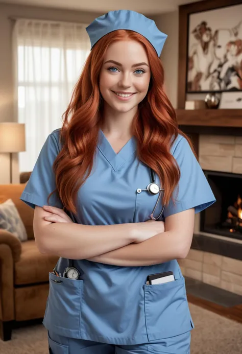 (medium full shot) of (attractive nurse) young woman, curvy build, extra long red hair, brazilian, tan skin, blue eyes, wearing a nurse cap, short sleeve scrub top, cargo scrub pants, white sneakers, carrying a clipboard medical watch, set in  Cozy lounge area with plush armchairs, soft carpeting, warm fireplace, bookshelves filled with well-loved novels , woman smiling, detailed face, ,Masterpiece,best quality, raw photo, realistic, very aesthetic