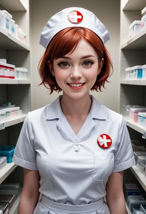 (medium full shot) of (esthetic nurse) young woman, busty build, short red hair, japanese, pale skin, hazel eyes, wearing a nurse cap, polo shirt with nursing emblem, A-line skirt, white stockings, white sneakers, badge reel, set in  Medical Supply Closet, Tucked away near the emergency department, metal shelves neatly organized with sterile gauze, syringes, medications, Fluorescent lights hum softly overhead, antiseptic , woman smiling, detailed face, ,Masterpiece,best quality, photo, realistic, very aesthetic