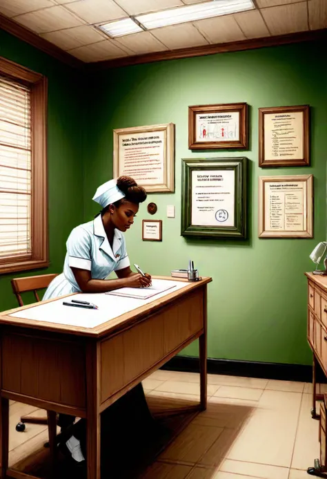 (medium full shot) of (bonnie nurse) adult woman, south african, dark skin, brown eyes, Medium build, blonde hair, wearing Vintage-inspired nurse uniform in pale green, featuring a button-up blouse, A-line skirt, stockings, nurse cap, brown leather oxford shoes, thermometer, set in Group Therapy Room, Welcoming space with a large circular table surrounded by chairs, whiteboard for brainstorming, motivational posters on the walls, cabinet stocked with art supplies , ,Masterpiece,best quality, very aesthetic