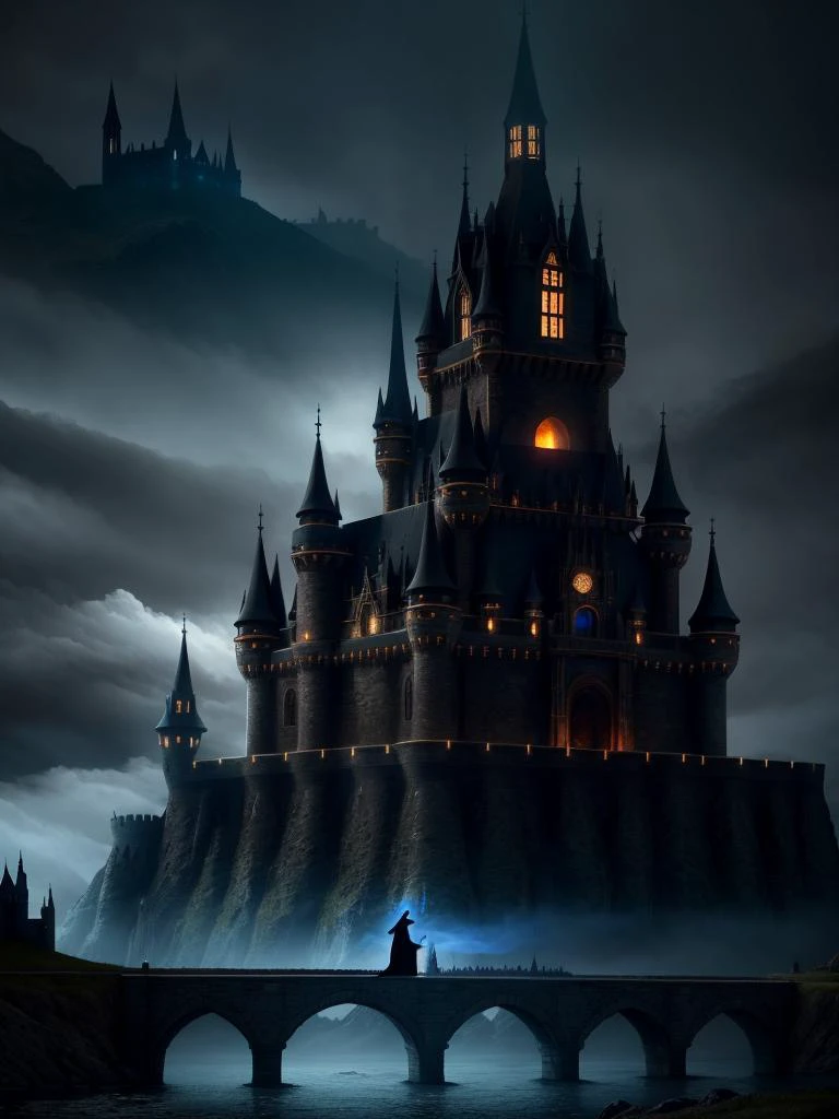 European handsome muscle man, man in black mage robe, castle on background, Fantasy, Luminous, Eerie, Land Art, Melancholic, Mysterious, 16K, UHD, ultra-high resolution