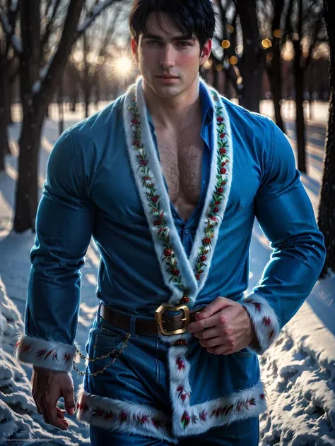 photoreal+, photorealistic+, Caucasian thirty years man in clothes of Father Christmas, beautiful model man, naked chest, snowflakes, winter, Christmas tree, outdoors, RAW photo, best quality, masterpiece, soft shadows, sharp focus, depth of field, 32k, extremely detailed eyes and face, cinematic, wide-angle, still, sharp lens, high contrast, best quality, 100mm, film photography, dramatic lighting, atmospheric, volumetric lighting, intricate details, perfect, dynamic colors, HDR, artistic, VistaVision <lora:muscle_slider_v1:0.6> <lora:vodka_v4_portraits:0.2><lora:nlc_blue:0.75><lora:Hor3d:0.2><lora:Elixir:0.35><lora:difConsistency_photo:0.35>