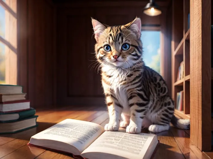 cute kitten in glass reading book, 1kitten, 3d, vivid colors, beautiful, masterpiece, highest quality, intricate details, 8k, hard shadows, volumetric lighting, sharp focus, ultra detailed, 4k, depth of field, unreal engine, octane render