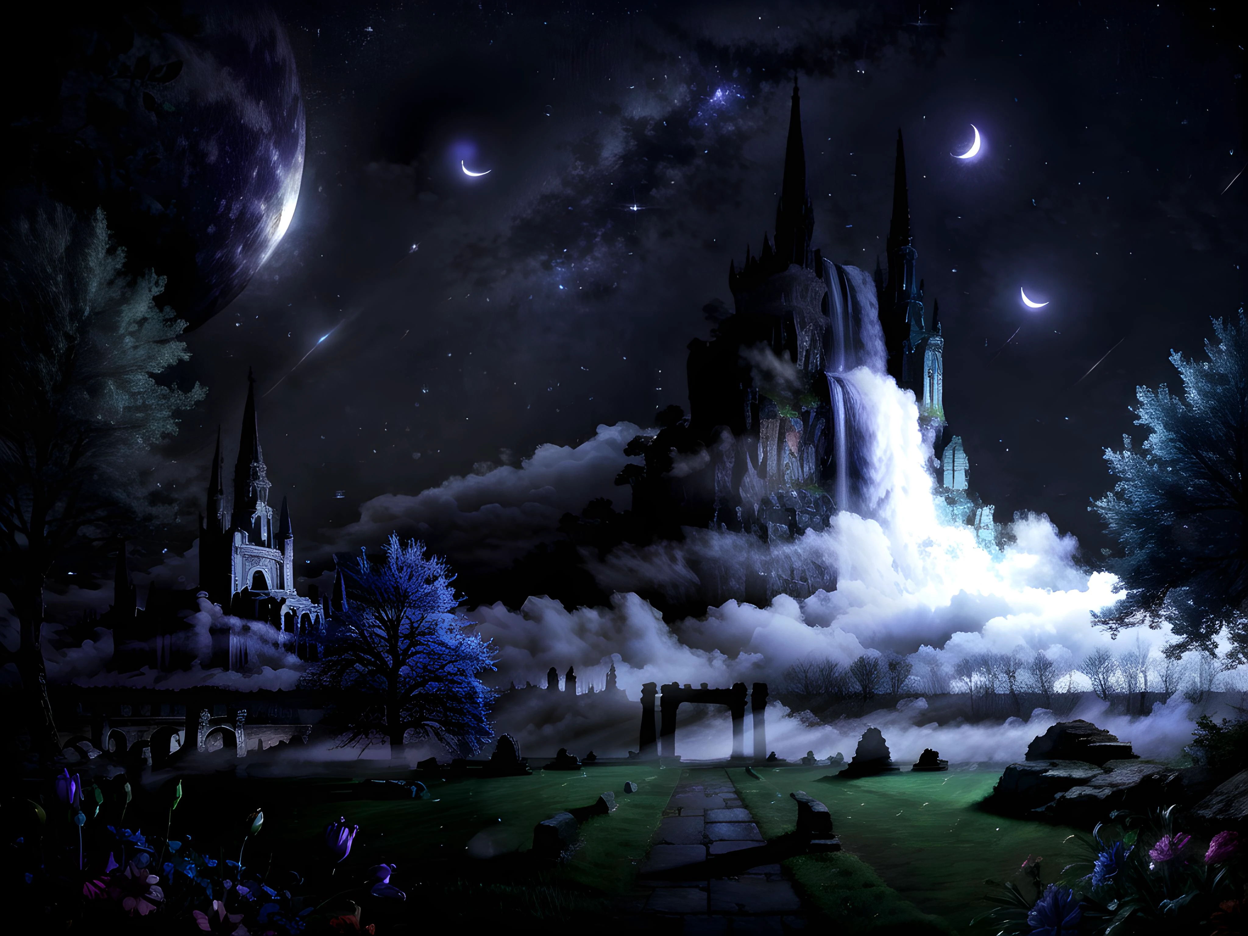 dark path in misty hills, fireflies, will-o-wisps, mystic, crescent moon, 1moon, ghosts+, ancient ruins on background, nighttime++, (glowing fog)1,2, muted colors, aesthetic, Dark Fantasy, Otherworldly, Surreal, 16K, dreamy, Starlight0,9, Ambrotype, beautiful, masterpiece, highest quality, 32k, depth of field, best quality, cinematic, movie still, high contrast, atmospheric, perfect, HDR, absurdres, celestial, crystalline, natural wonder, nice looking, vaporwave, cold light, (dim light)+, bloom, award winner, night, (dark environment) <lora:epi_noiseoffset2:0.75> <lora:DarkIncursioStyle:0.75> <lora:Elixir:0.5> <lora:Hor3d:0.35> <lora:ReaLora:0.35> <lora:LORA-XenoDetailer-v2:0.3> <lora:CR2RawLoRA:0.3>