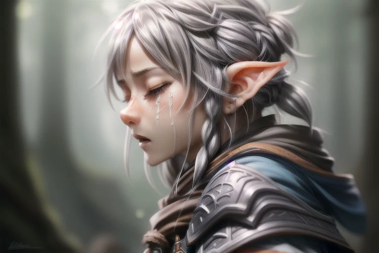 a close up of a person with a long hair and a elf's head