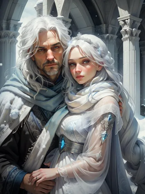 fantasy, hyperrealistic photo, (couple:1.6 of lover hugging), close-up portrait of ice mage, snow sorcerer in robe and scarf, snow sorceress in dress, (man:1.3), (gloomy sever harsh man:1.2), thirty-years-old man, skinny mature woman, Love-struck man and woman, snowflakes, (light particles), mystic, dreamy, (light magic effects), (long white blue hair), winter on background, dynamic colors, beautiful, uhd, 32k, 16k, best quality, masterpiece, very beautiful, perfectionism, max detail, hard shadows, vibrant, expressive, perfect, sharp focus, cinematic, movie still, celestial, crystalline, volumetric lighting, octane render, absurdres, natural wonder, expressive, nice looking, dramatic, blender, atmospheric, HDR, extremely detailed eyes and face, unreal engine, depth of field, highest quality, vaporwave, ultra realistic, Photorealistic, award winning, correct pupils, hyper detailed, ethereal atmosphere, dramatic lighting, DSLR, 3/4 angle, oil painting