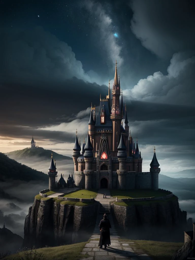 European handsome muscle man, man in black mage robe, castle on background, Fantasy, Luminous, Eerie, Land Art, Melancholic