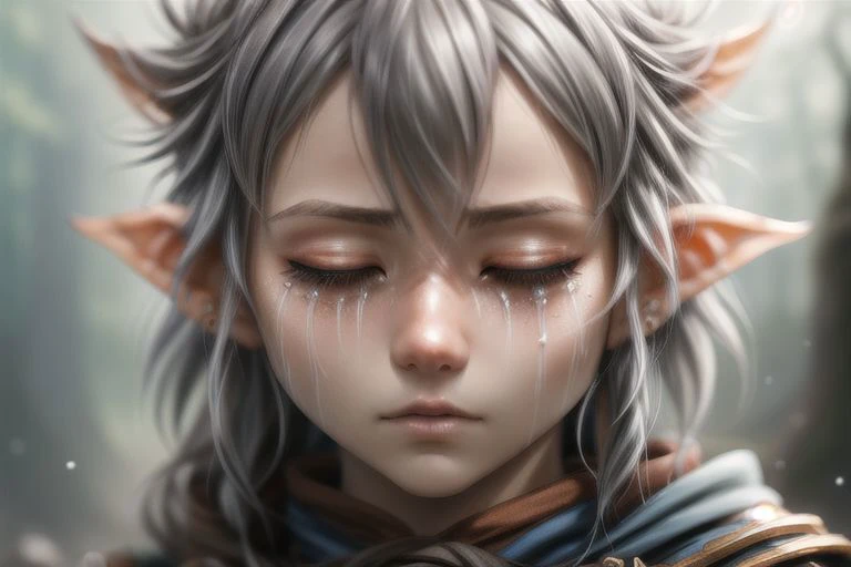 a close up of a person with a sad face and ears