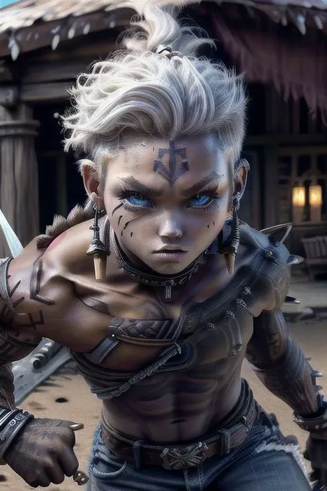 (medium close-up photography, realism, high detailed, trending on Artstation, trending on Pinterest)
(MinionStyle)
barbarian
1boy, abs, armor, belt, choker, denim, dreadlocks, ear piercing, full-body tattoo,
hair over one eyes, holding weapon, jewelry, looking at viewer, neck tattoo, outdoors,
polearm, sand, strapless, suspenders, white hair