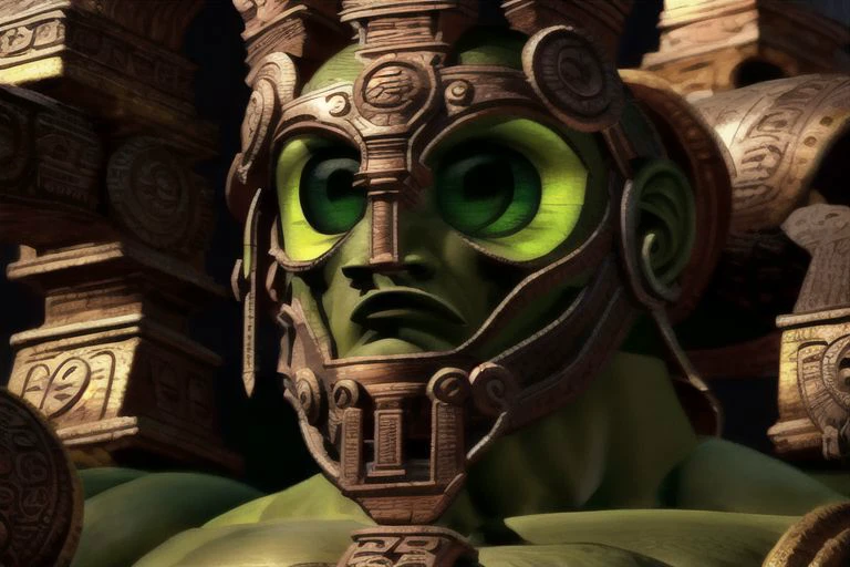 (medium close-up photography, realism, high detailed, trending on Artstation, trending on Pinterest)
(MinionStyle)
aogre, green skin, aztec crown, aztec shield, aztec bracelet, aztec trunks,
aztec shoulder, aztec anklets