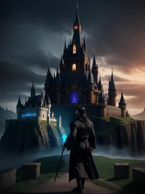 European handsome muscle man, man in black mage robe, castle on background, Fantasy, Luminous, Eerie, Land Art, Melancholic, Mysterious, Sublime, Vibrant, Opalescent