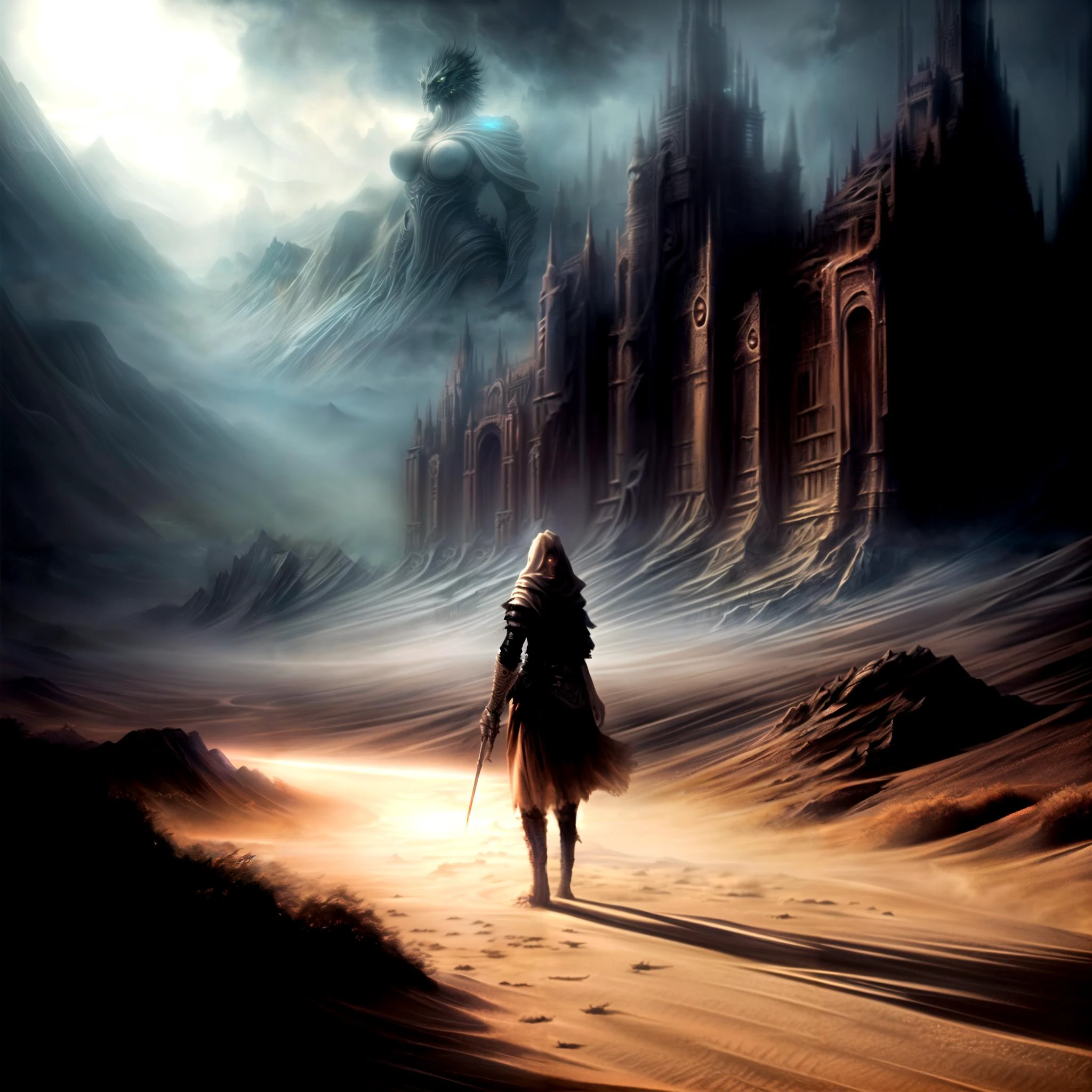 Masterpiece , absureres , concept art, majestical , high contrast , lighting , sandstorm , fantasy , high quality, best quality, monster face , Beautiful landscape , scavenger , high detail , <lora:add_detail:1.2>