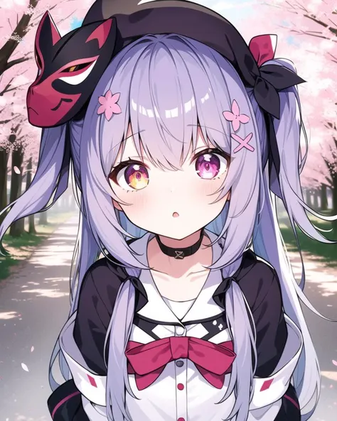 1girl,Rainbow colored long hair,one side up,Heterochromatic pupil,Smaller body, ****,Masks, the grand cherry blossom forest