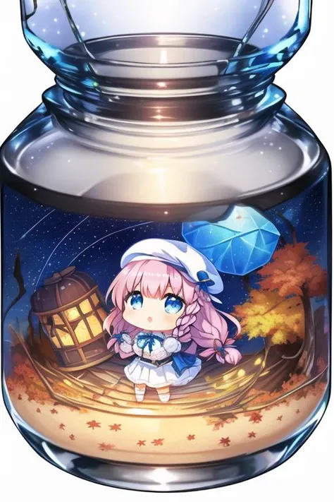 [(white background:1.7),(transparent background:1.6)::0.3],(glass jar:1.5),(beautiful world:1.2), (girl in jar:1.5),(water in jar:1.3),(white background:1.4),([(starry sky:1.3)|(in autumn:1.3)]:1.2), (solo:1.4),///////////////////////(cool tone picture:1.2),((masterpiece)),(best quality:1.3),(solo:1.2)(highres),(extremely detailed CG wallpaper:1.3),(extremely detailed illustration:1.3),(an extremely delicate and beautiful), best quality, illustration, (extremely_detailed_cg:1.3),(shiny_background),(art of light novel),([aged down|chibi]:1.3),(white_beret:1.2),[medium breasts], ([shiny_eyes|blue_eyes]:1.5),([pink_hair|(single_braid:1.1)|shiny_hair|(long_hair):1.1]:1.3),neck ribbon,blush,