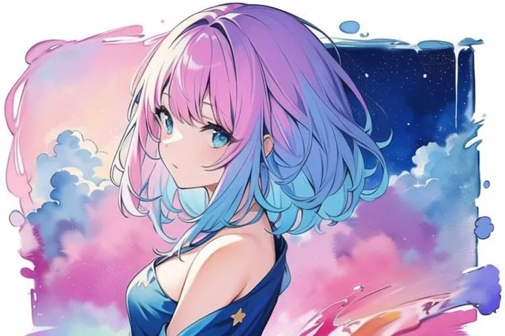 (masterpiece, top quality, best quality,watercolor (medium),official art, beautiful and aesthetic:1.2),(1girl:1.3), (fractal art:1.3),upper body, from side, looking at viewer,patterns,(rainbow color Hair,colorful hair,half blue and half pink hair:1.2),water,liquid, cloud,colorful, starry,stars,