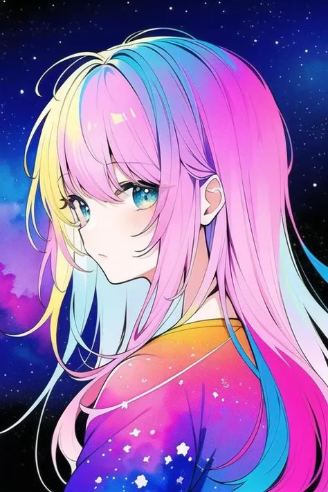 (masterpiece, top quality, best quality,watercolor (medium),official art, beautiful and aesthetic:1.2),(1girl:1.3), (fractal art:1.3),upper body, from side, looking at viewer,patterns,(rainbow color Hair,colorful hair,half blue and half pink hair:1.2),water,liquid, cloud,colorful, starry,stars,