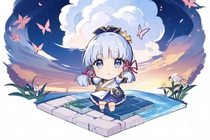 masterpiece, best quality, [(white background:1.5),::5]square,
(isometric:1.2), (chibi:1.3), butterflies, flowers,floating petal, peaceful water,cloud, sunset, garden, 
1girl，solo，(Kamisato Ayaka:1.5)，(Silver hair:1.2)，Blue Eyes，spread arms,