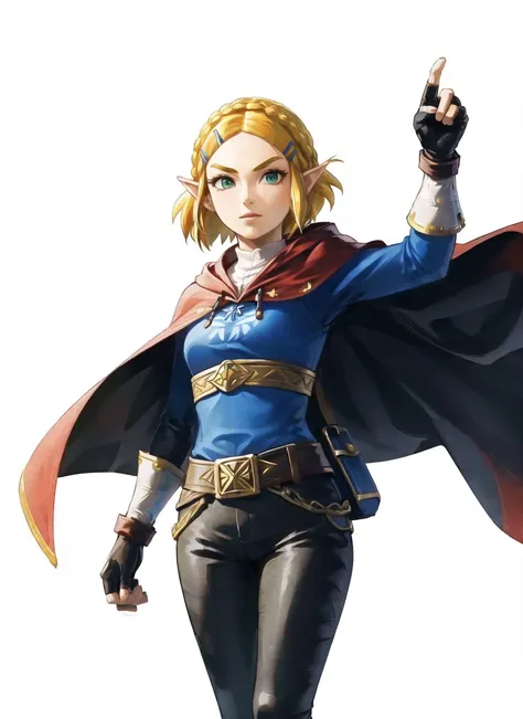 princess zelda, 1girl, black pants, blonde hair, braid, cape, crown braid, fingerless gloves, gloves, green eyes, hair ornament, hairclip, hood, hood down, long sleeves, looking at viewer, official alternate costume, official alternate hair length, official alternate hairstyle, pants, pointy ears, ponytail, sheikah slate, short hair, sidelocks, solo, thick eyebrows, ((masterpiece)),the legend of zelda: skyward sword
<lora:tloz_offset:1>