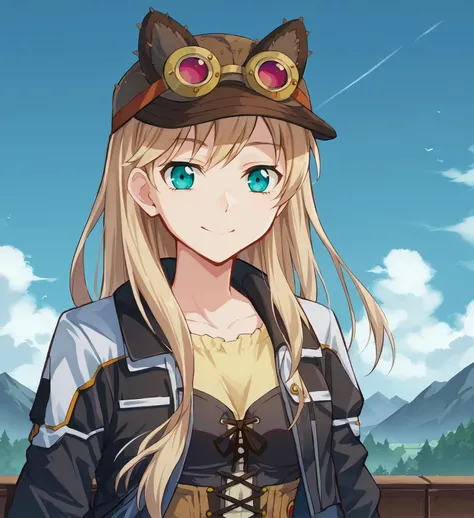 score_9, score_8_up, score_7_up, score_6_up, score_5_up, score_4_up, BREAK source_anime,
<lora:TrailsOfColdSteel-Guests:0.9>, Lavian Winslet, long hair, blonde hair, aqua eyes, aqua eyes, brown hat, fake animal ears, goggles, black jacket, corset, yellow shirt, yellow skirt, red shoes,
OUTDOORS, SKY, CLOUDS, DISTANT MOUNTAINS,
looking at viewer, smile, upper body, portrait, front view,