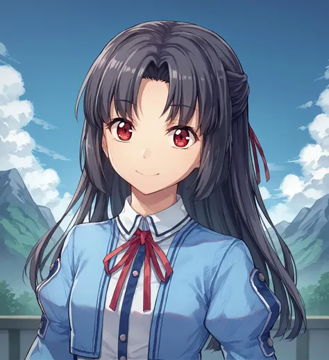 score_9, score_8_up, score_7_up, score_6_up, score_5_up, score_4_up, BREAK source_anime,
<lora:TrailsOfColdSteel-Guests:0.9>, Shizuku, long hair, black hair, parted bangs, half updo, red eyes, hair ribbon, small breasts, blue shirt, frills, red ribbon, green skirt, black pantyhose, brown shoes,
OUTDOORS, SKY, CLOUDS, DISTANT MOUNTAINS,
looking at viewer, smile, upper body, portrait, front view,