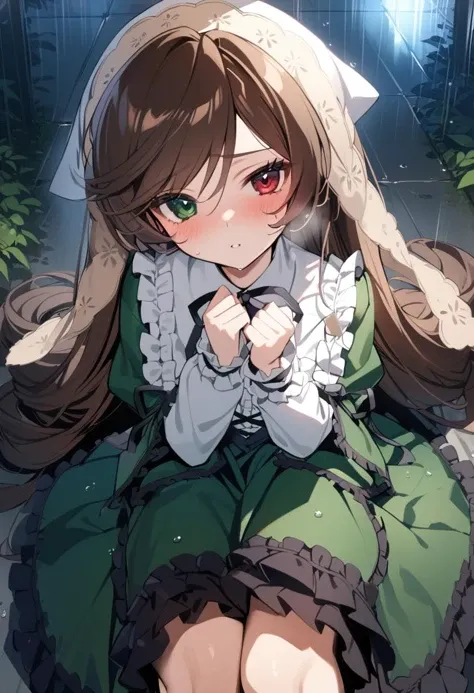 1girl, suiseiseki, pov, long hair, brown hair, dress, heterochromia, very long hair, green eyes, blush, umbrella, green dress, rain, outdoors, long sleeves, wet, ribbon, red eyes, frills, masterpiece, best quality, late, <lora:char - suiseiseki - v1 - bionagato:1>