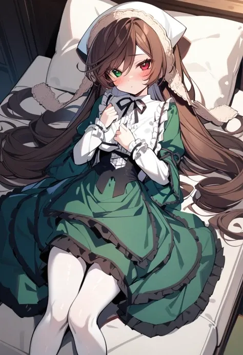 masterpiece, highest quality, Very detailed, 16k, Ultra-high resolution, Cowboy Shot, One , Detailed face, Perfect Fingers, suiseiseki, bonnet, head scarf, heterochromia, green dress, neck ribbon, twin drills, white socks, shoes, White panties, Western-style building, classical European style bedroom, Lie on your back