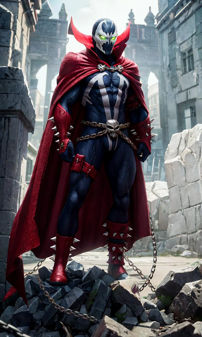 pixar style, closeup, focus on eyes, spawn2023, long red collar, red cowl, red cape, chains, skulls, glowing green eyes, textured suit, red gauntlets, spikes, dramatic lighting, 8k, muscular, uhd, best quality, award winning photo, rtx on, unreal engine 5, absurdres, long cape, large red boot, large gauntlet, flowing cape, asymmetrical red Armor, mask, night, dramatic lighting, epic red cape, wide shoulders, spike shoulders, silver chain, cgi