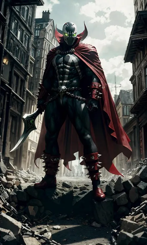 spawn2023, helmet, long red collar, red cowl, red cape, chains, skulls, glowing green eyes, red gauntlets, spikes, dramatic lighting, hyper realistic, raw image, 8k, muscular, uhd, best quality, award winning photo, rtx on, unreal engine 5, full body, wide angle shot, head to toe, gothic city, superhero pose, absurdres, long cape, large red boot, large gauntlet, flowing cape, round axe, asymmetrical red armor,