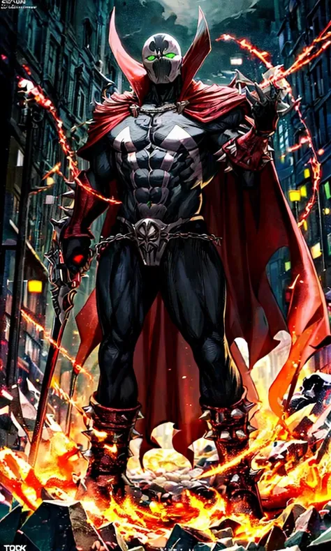 spawn2023, long red collar, red cowl, red cape, chains, skulls, glowing green eyes, red gauntlets, spikes, dramatic lighting, hyper realistic, raw image, 8k, muscular, uhd, best quality, award winning photo, rtx on, unreal engine 5, full body, wide angle shot, head to toe, gothic city, superhero pose, absurdres, long cape, large red boot, large gauntlet, flowing cape, asymmetrical red armor, comic book, todd mcfarlane art