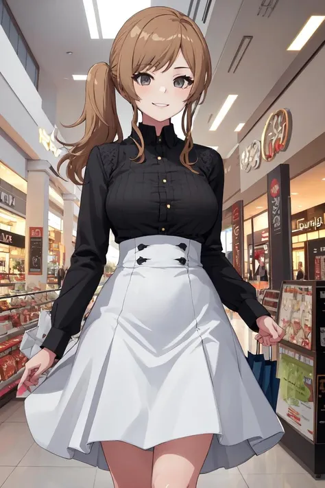 masterpiece, best quality, absurdres, perfect anatomy, 1girl, solo, IijimaRenka, side ponytail, high-waist skirt, long skirt, white skirt, black shirt, long sleeves, smile, standing, indoors, shopping mall, <lora:IijimaRenka:0.8>